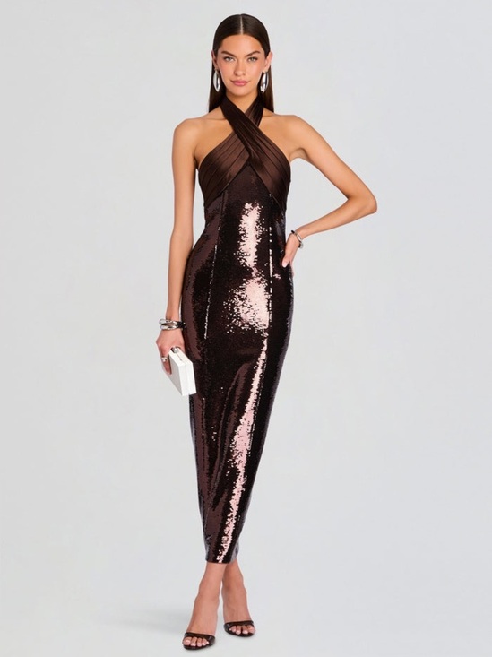 Retrofete Dresses & Skirts - Retrofete Brown Sequin Crisscross Maxi Dress